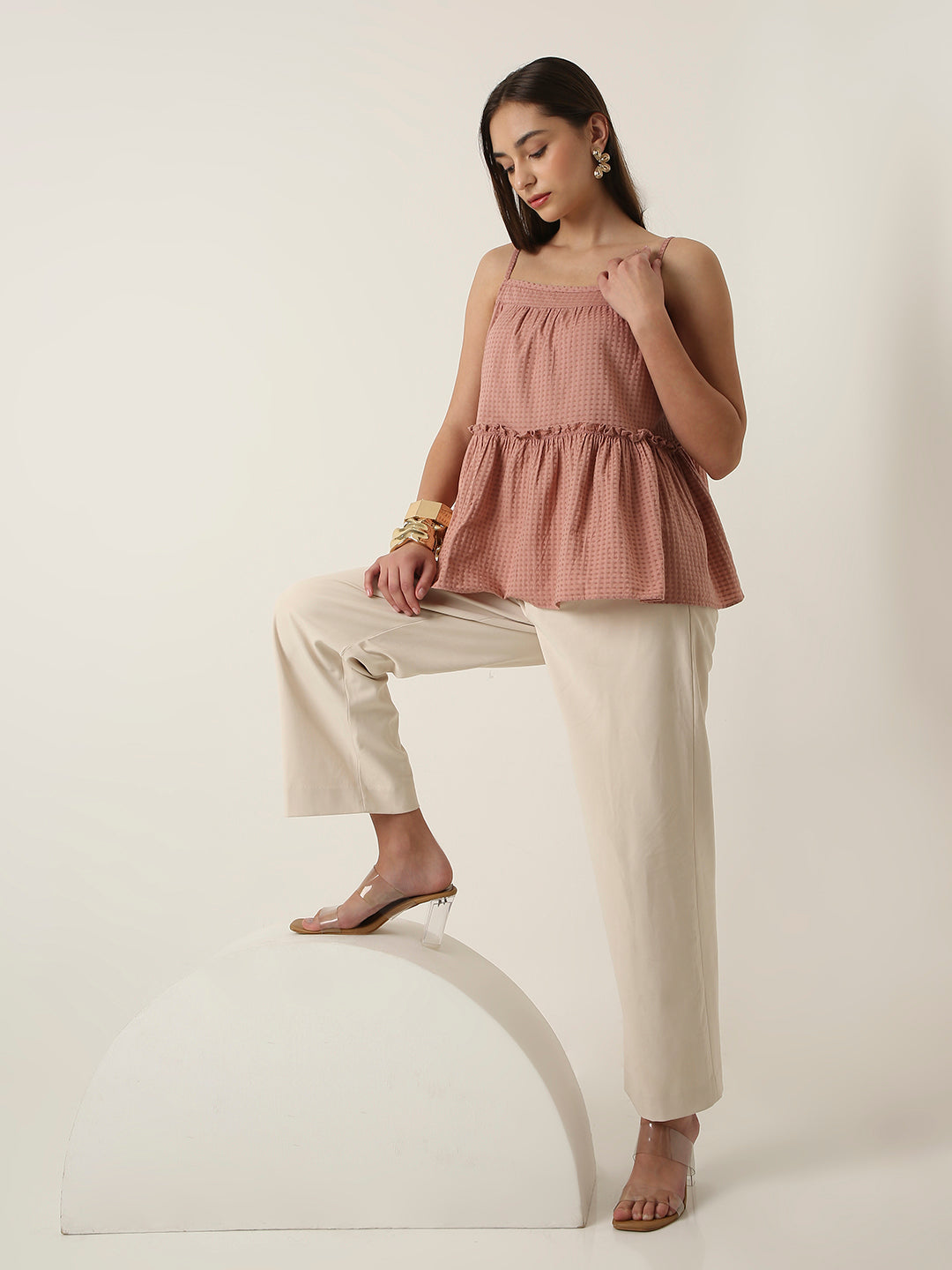 PEACH TEXTURED SPAGHETTI STRAP LAYERED TOP