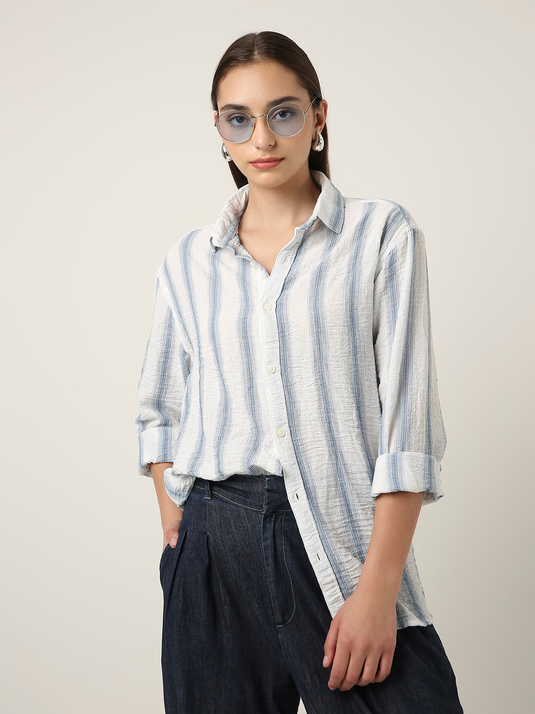 Blue Striped Linen Blend Shirt