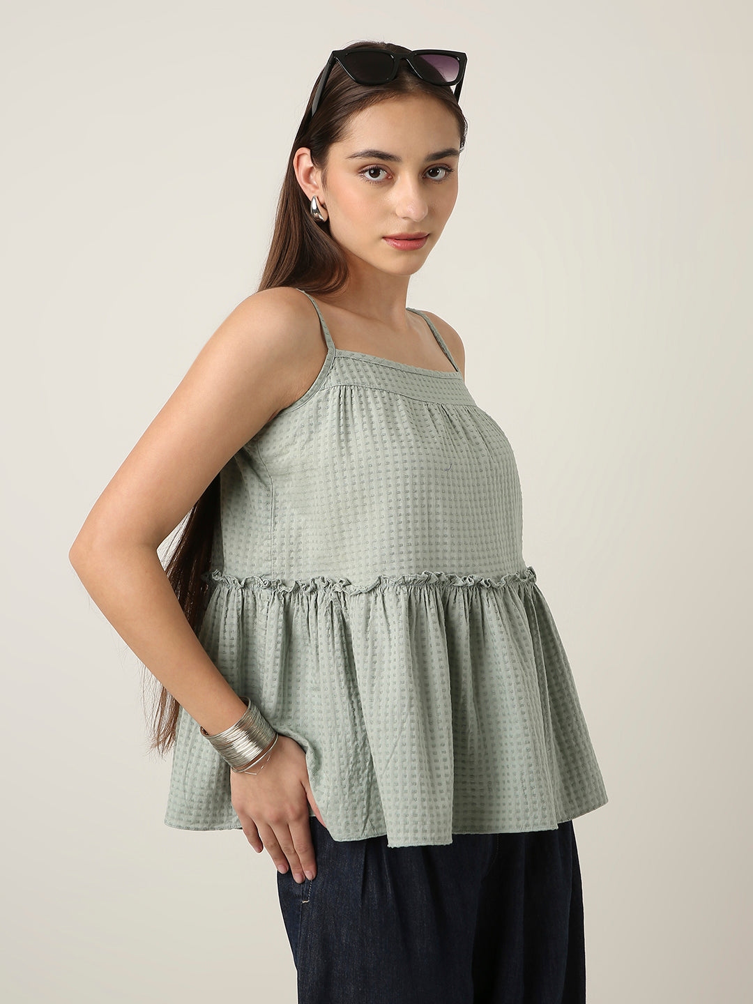 GREEN TEXTURED SPAGHETTI STRAP LAYERED TOP