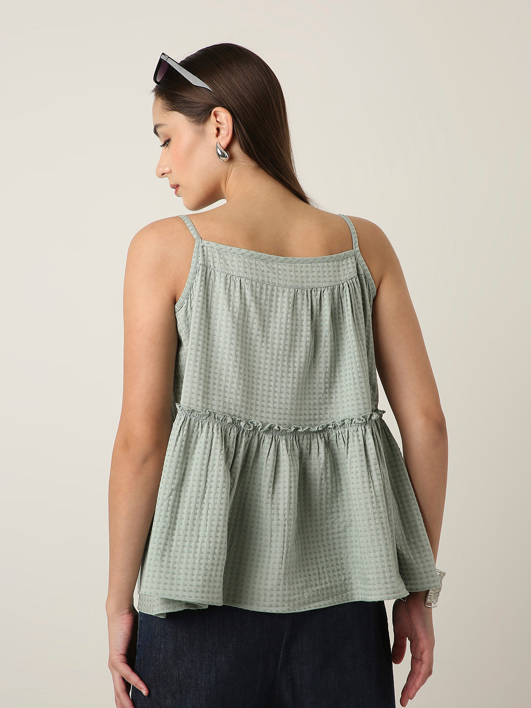 GREEN TEXTURED SPAGHETTI STRAP LAYERED TOP