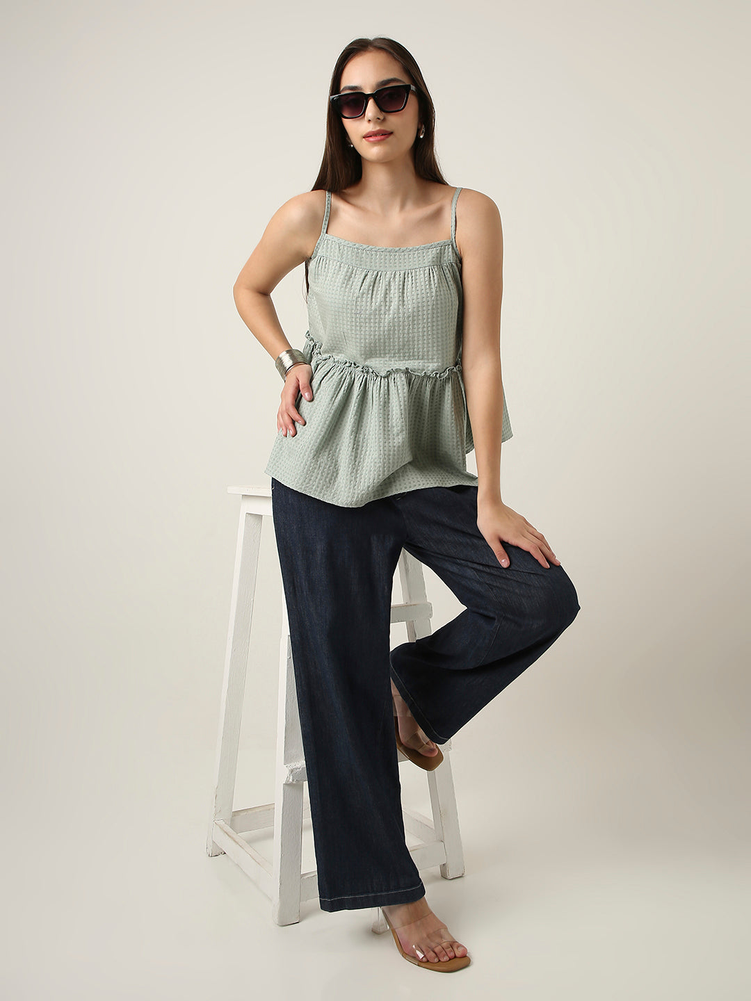 GREEN TEXTURED SPAGHETTI STRAP LAYERED TOP