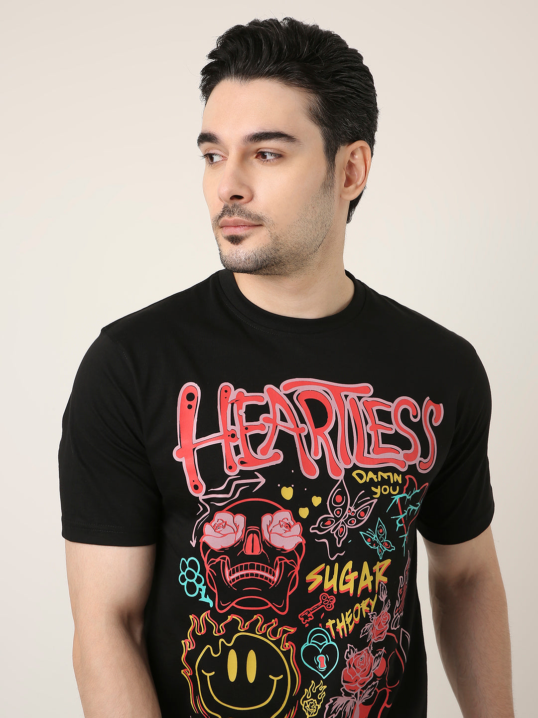 RELAXED FIT:BLACK PRINTED TSHIRT