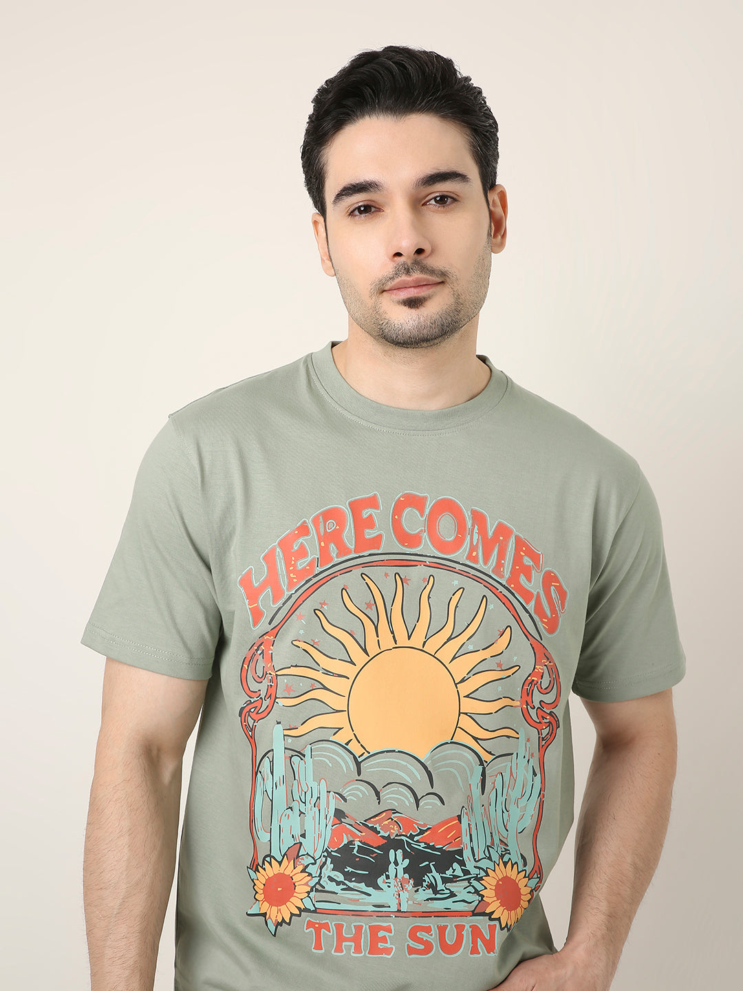 RELAXED FIT:SAGE GREEN PRINTED TSHIRT