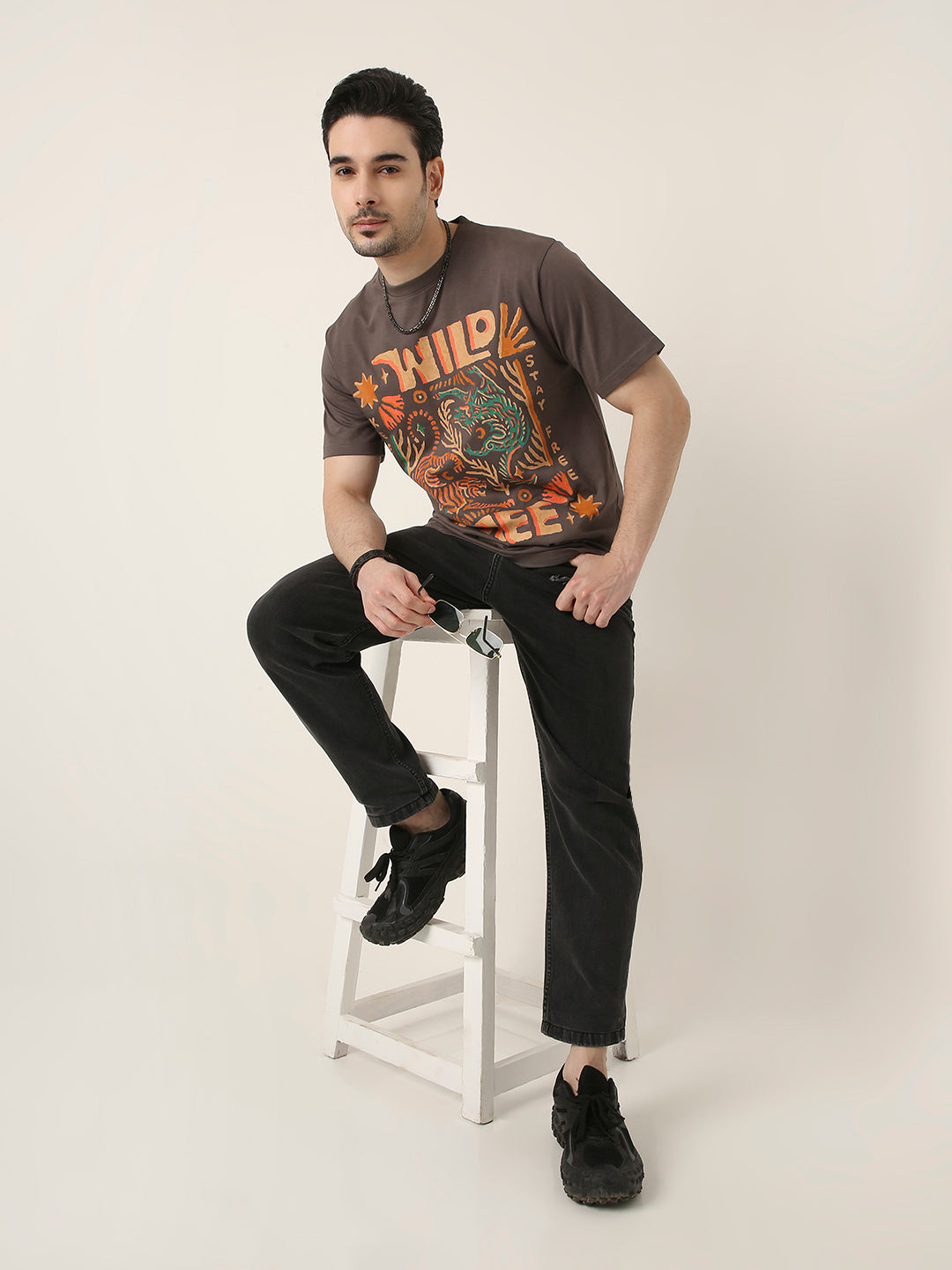 RELAXED FIT:GREY PRINTED TSHIRT