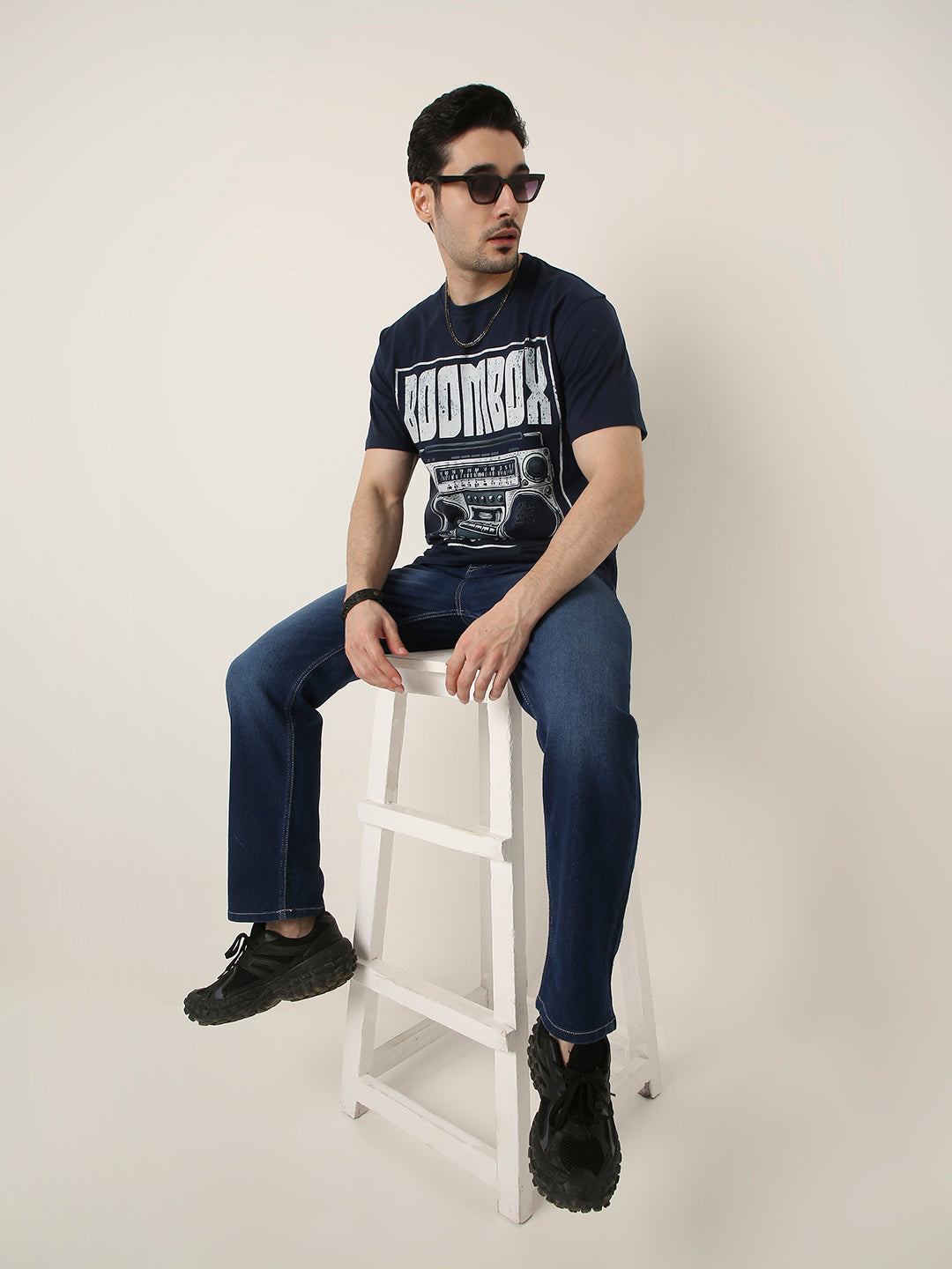RELAXED FIT:NAVY BLUE PRINTED TSHIRT