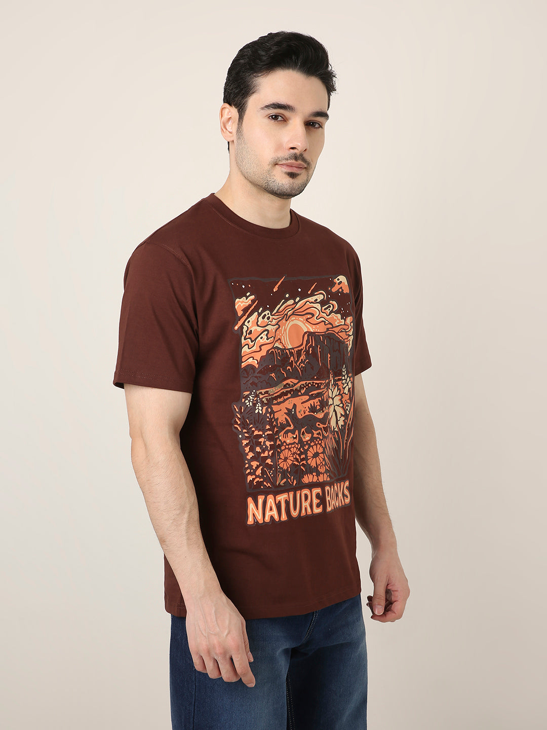 RELAXED FIT:BROWN PRINTED TSHIRT