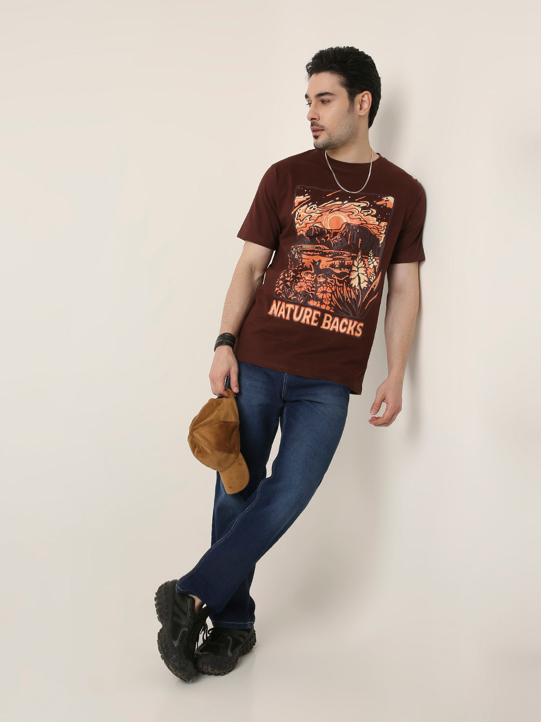 RELAXED FIT:BROWN PRINTED TSHIRT