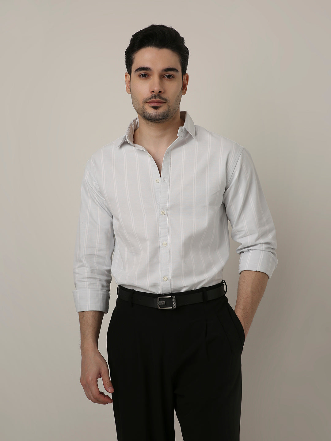 LIGHT GRAY OXFORD STRIPED SHIRT