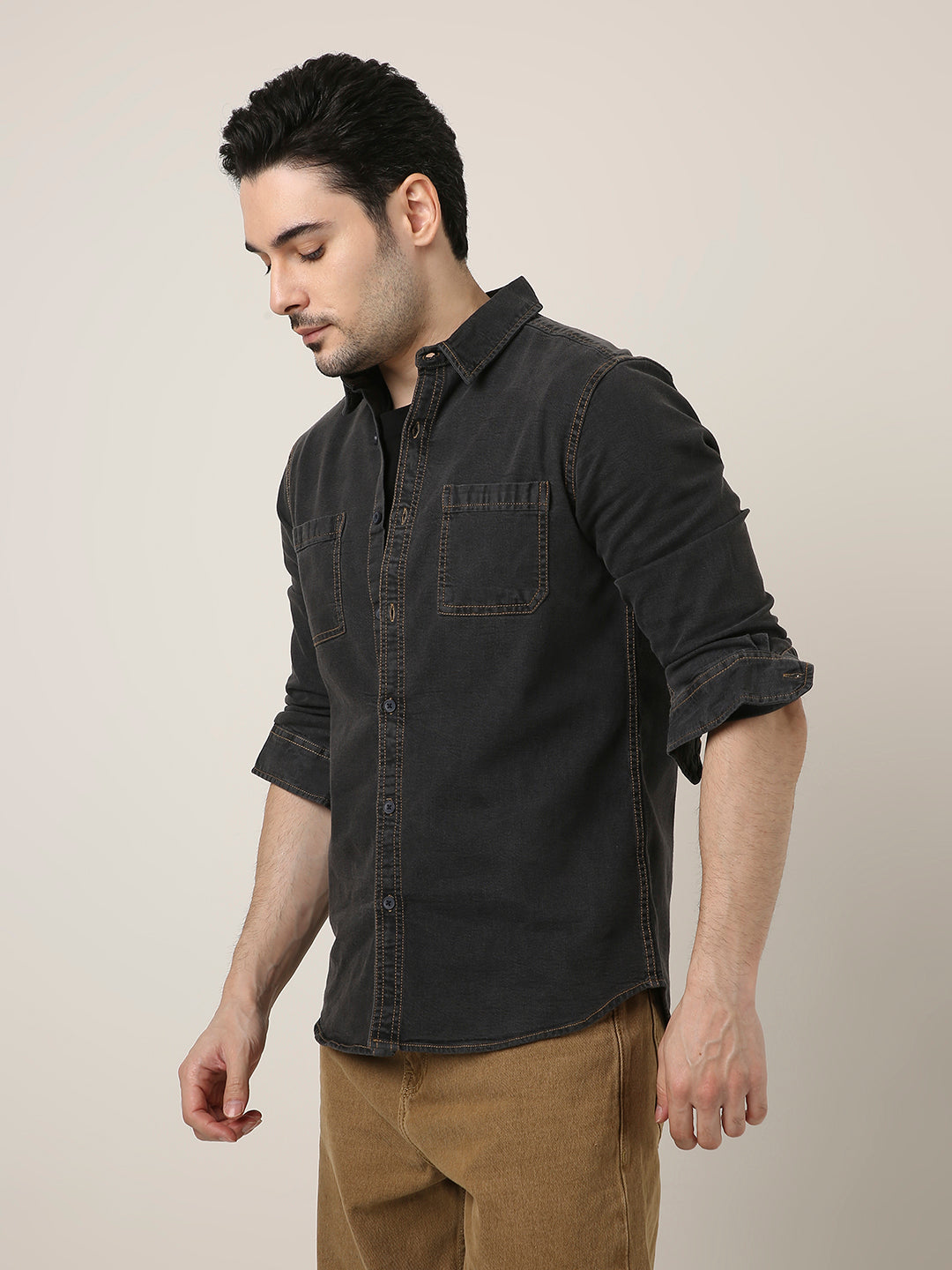 Black Washed Denim Double Pocket Casual Shirt