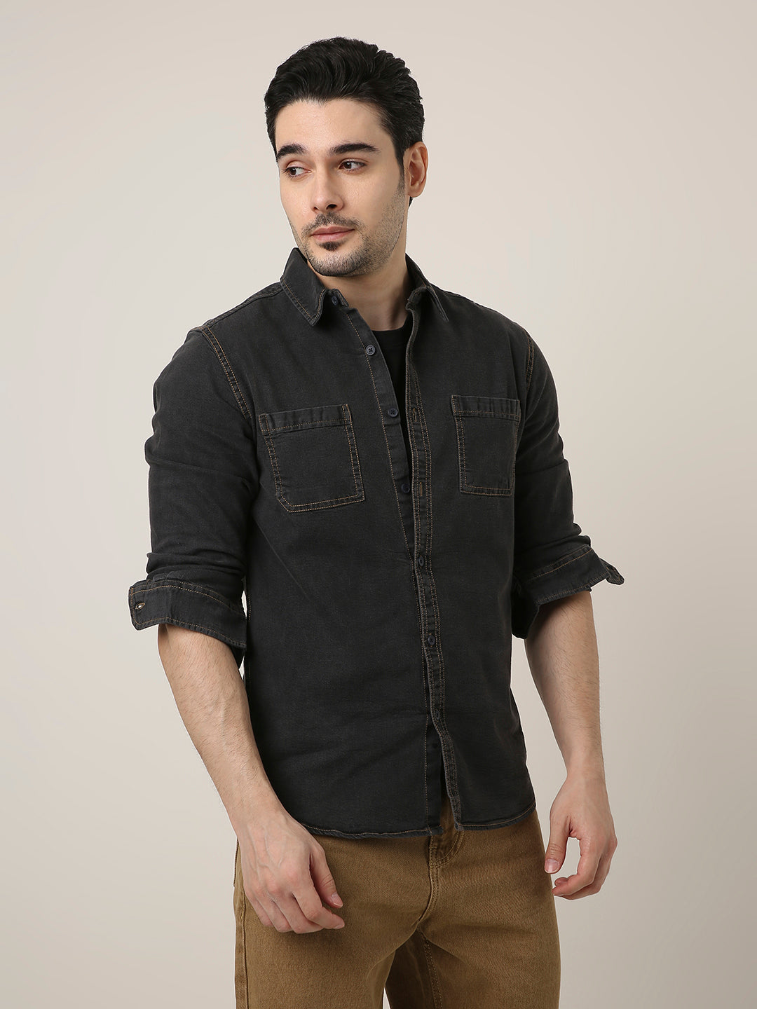 Black Washed Denim Double Pocket Casual Shirt