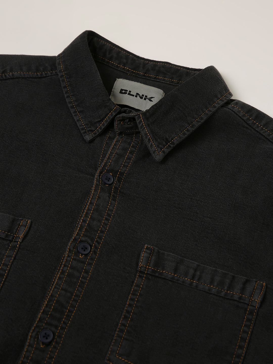 Black Washed Denim Double Pocket Casual Shirt
