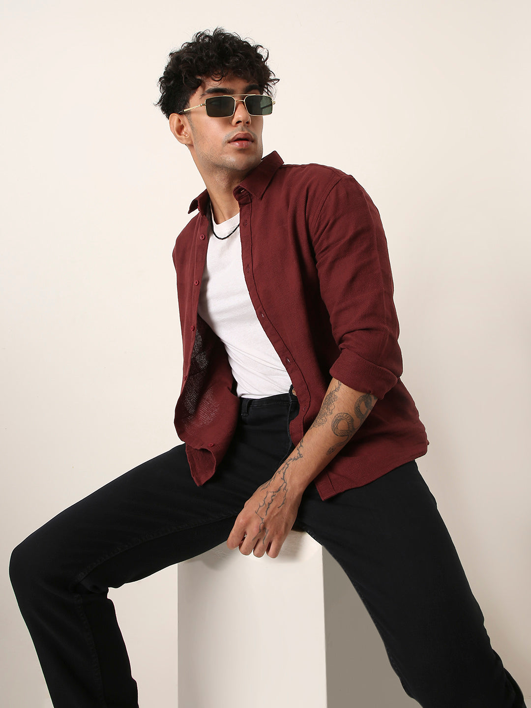 MAROON STRUCTURED COTTON LAYER SHIRT