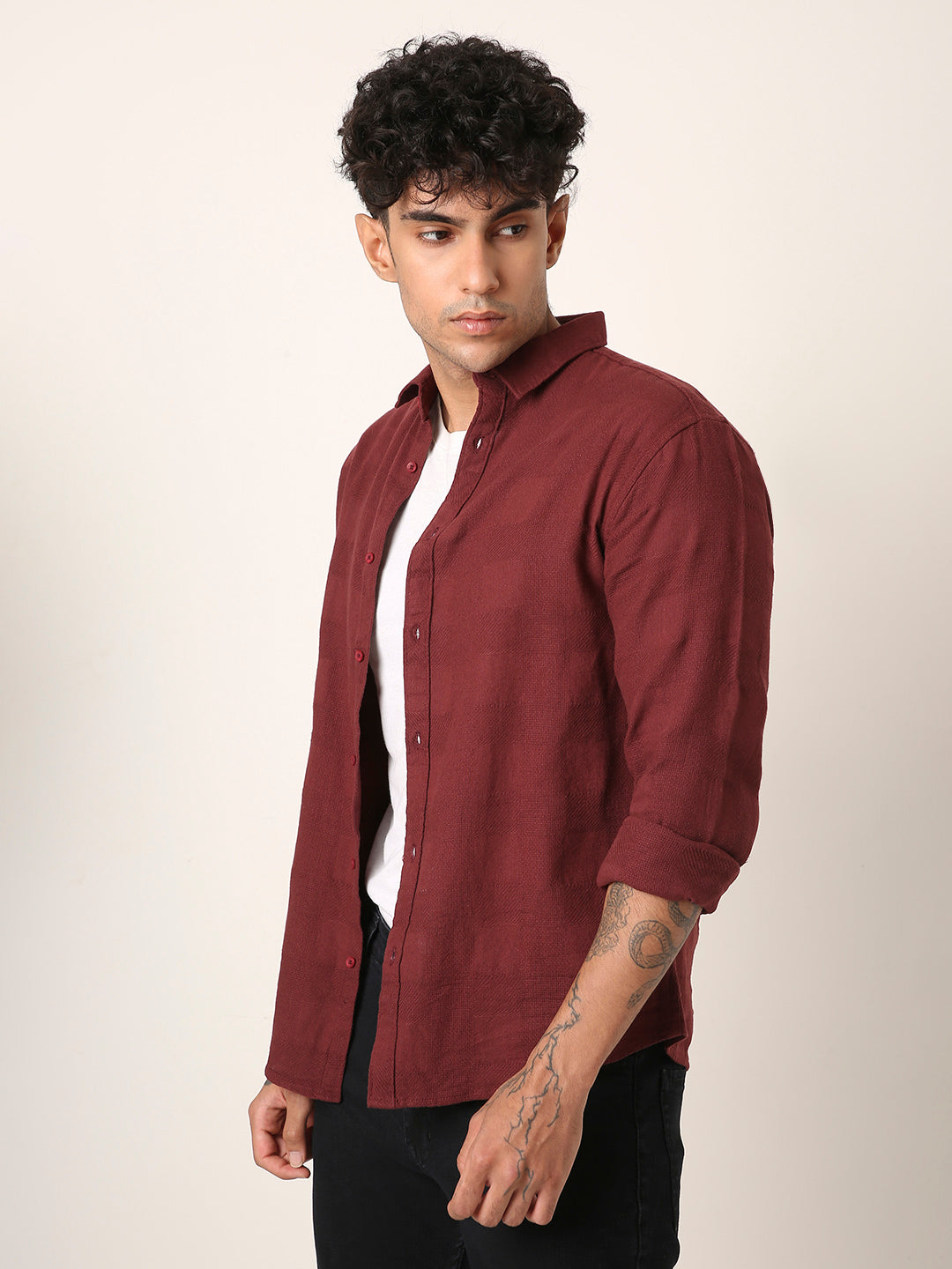 MAROON STRUCTURED COTTON LAYER SHIRT
