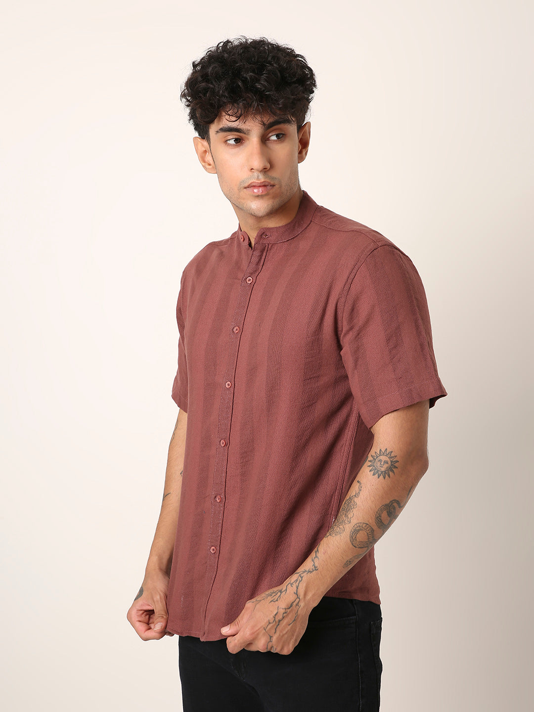 Rusty Onion Textured Mandarin Collar Shirt