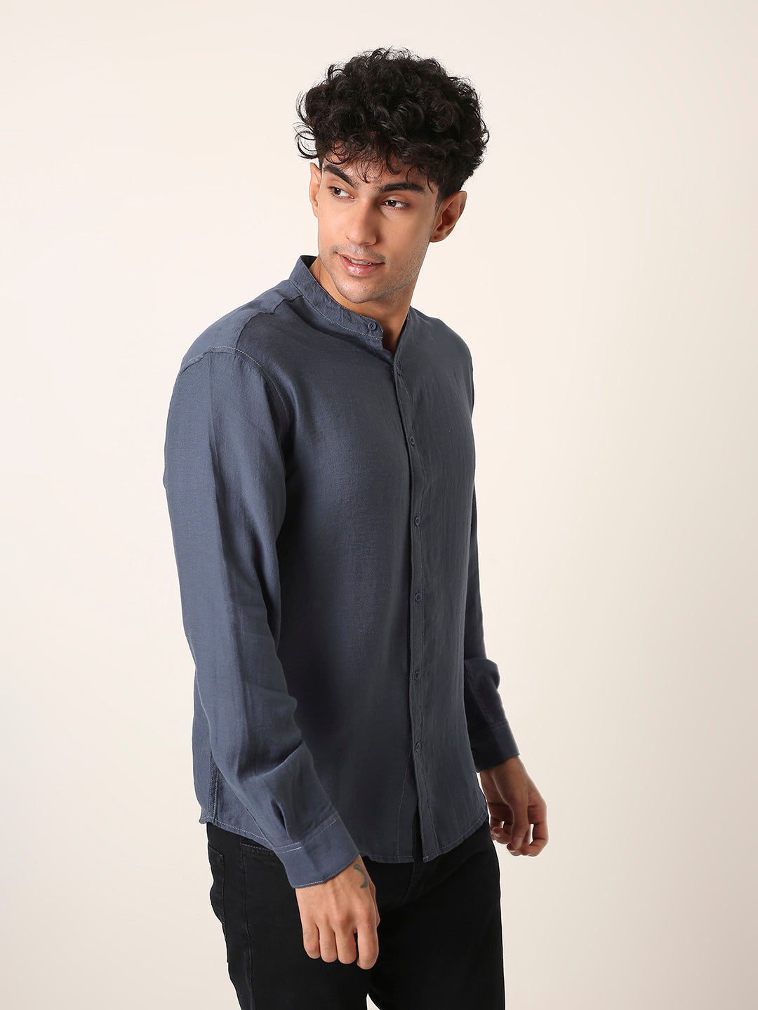 Blue Mandarin Collar Casual Shirt