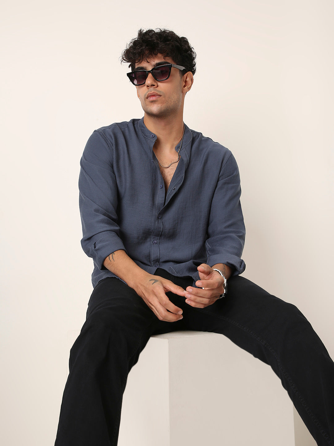 Blue Mandarin Collar Casual Shirt