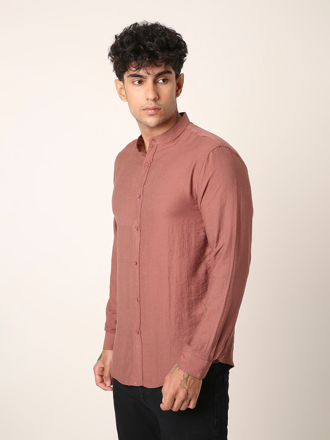 Rust Brown Mandarin Collar Casual Shirt