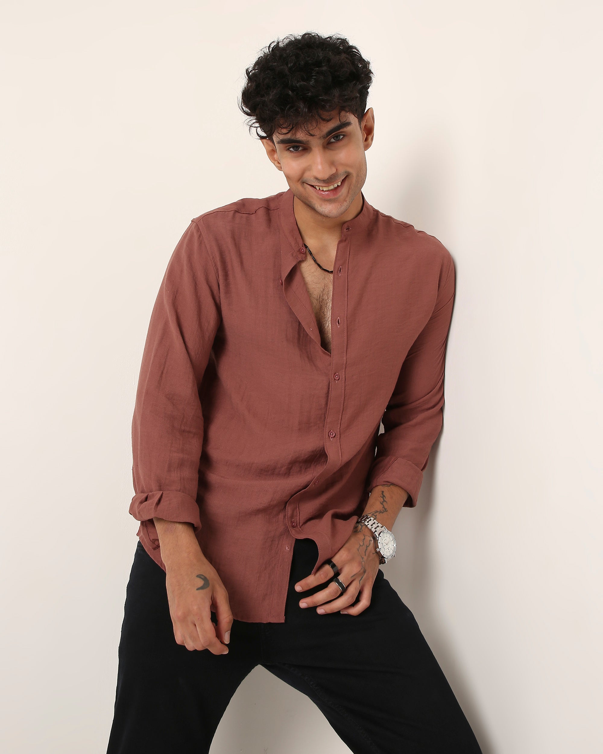 Rust Brown Mandarin Collar Casual Shirt