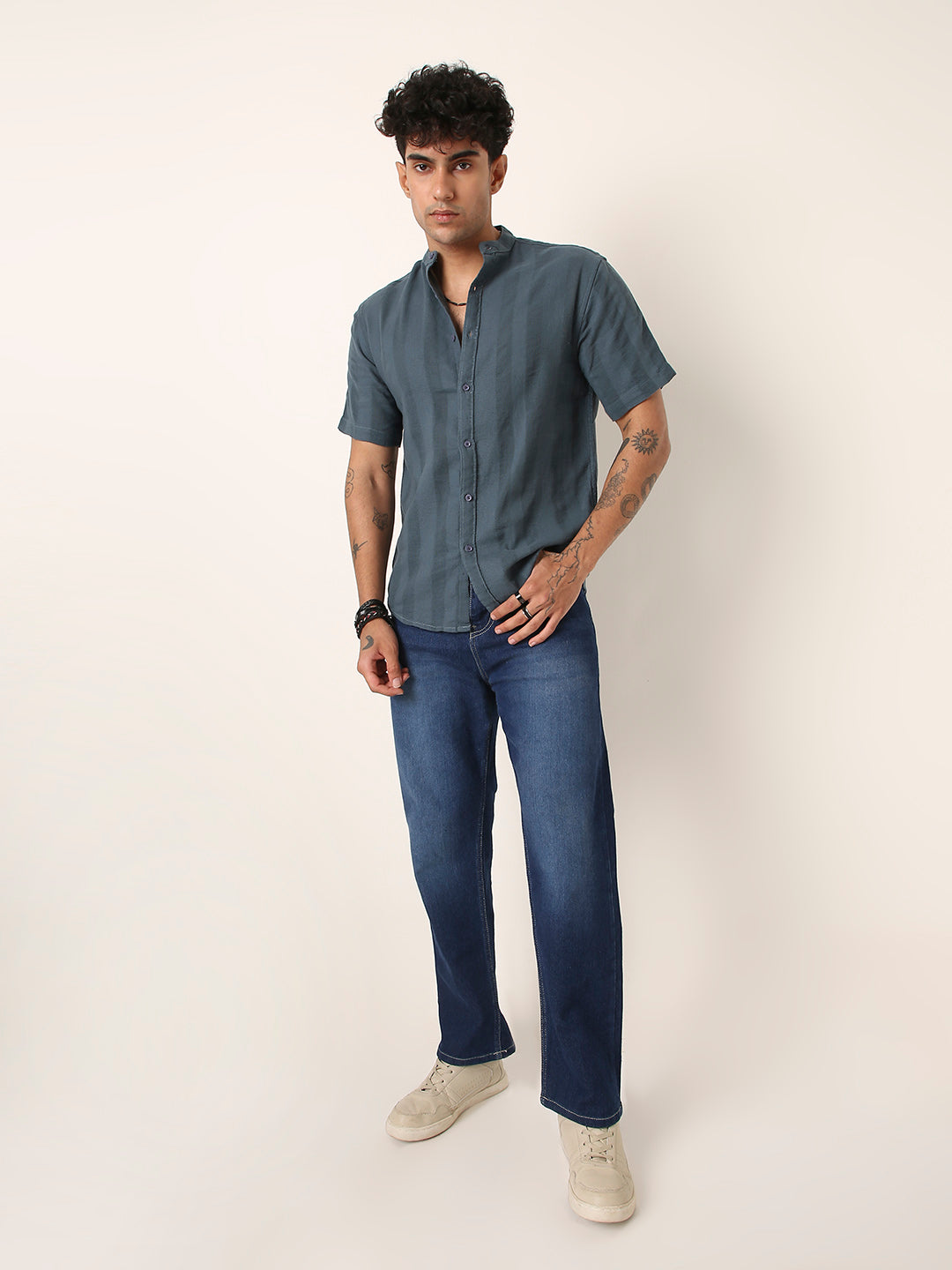 Blue Textured Mandarin Collar Shirt