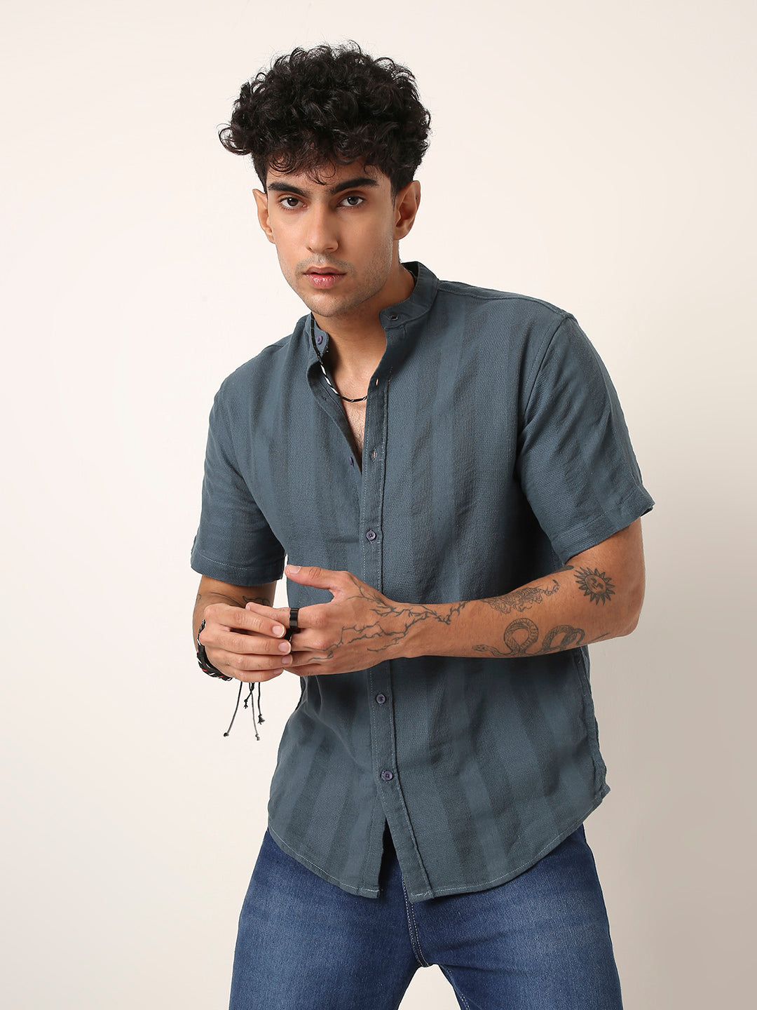 Blue Textured Mandarin Collar Shirt