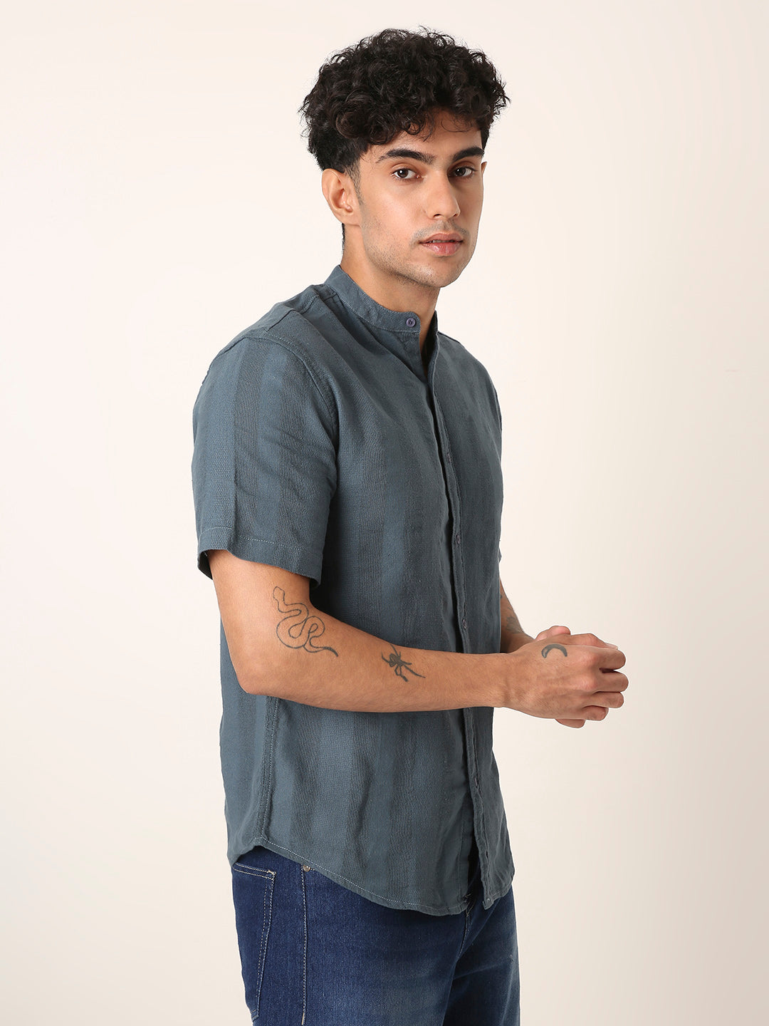 Blue Textured Mandarin Collar Shirt