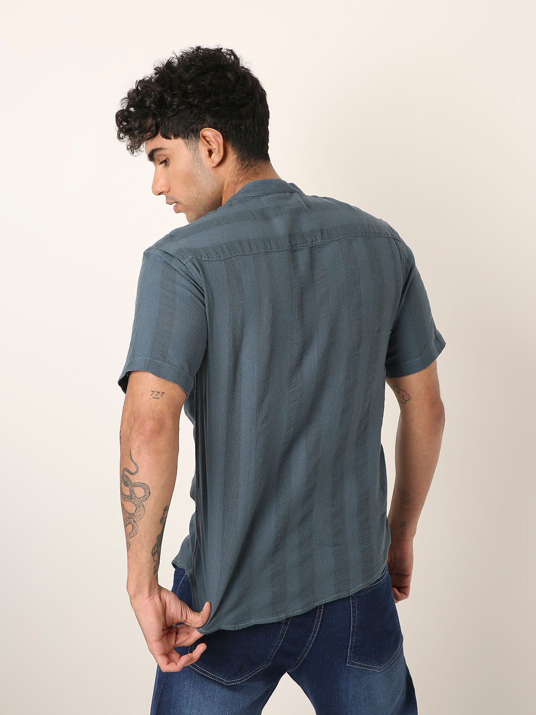 Blue Textured Mandarin Collar Shirt