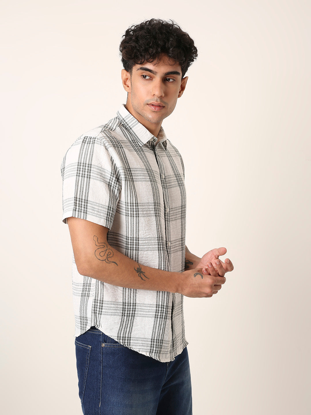 Grey Linen Blend Check Casual Shirt