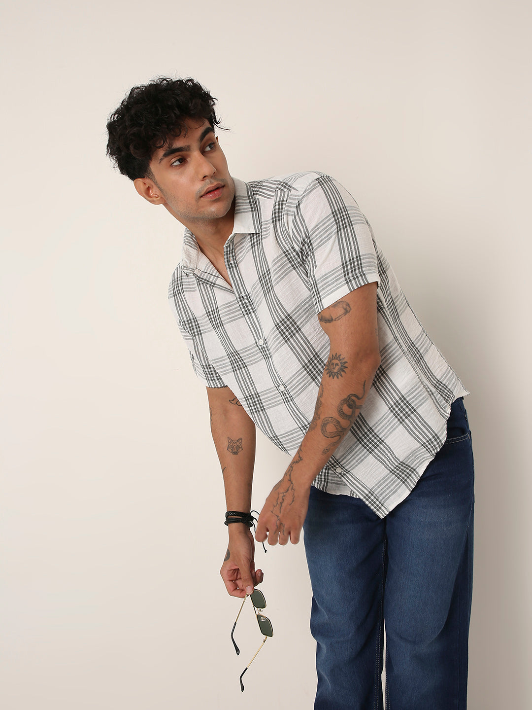 Grey Linen Blend Check Casual Shirt