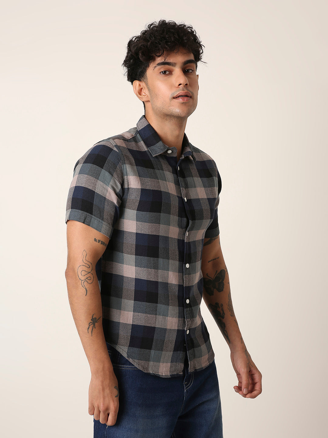 Navy Blue & Grey Checkered Short Sleeve Casual Shirt