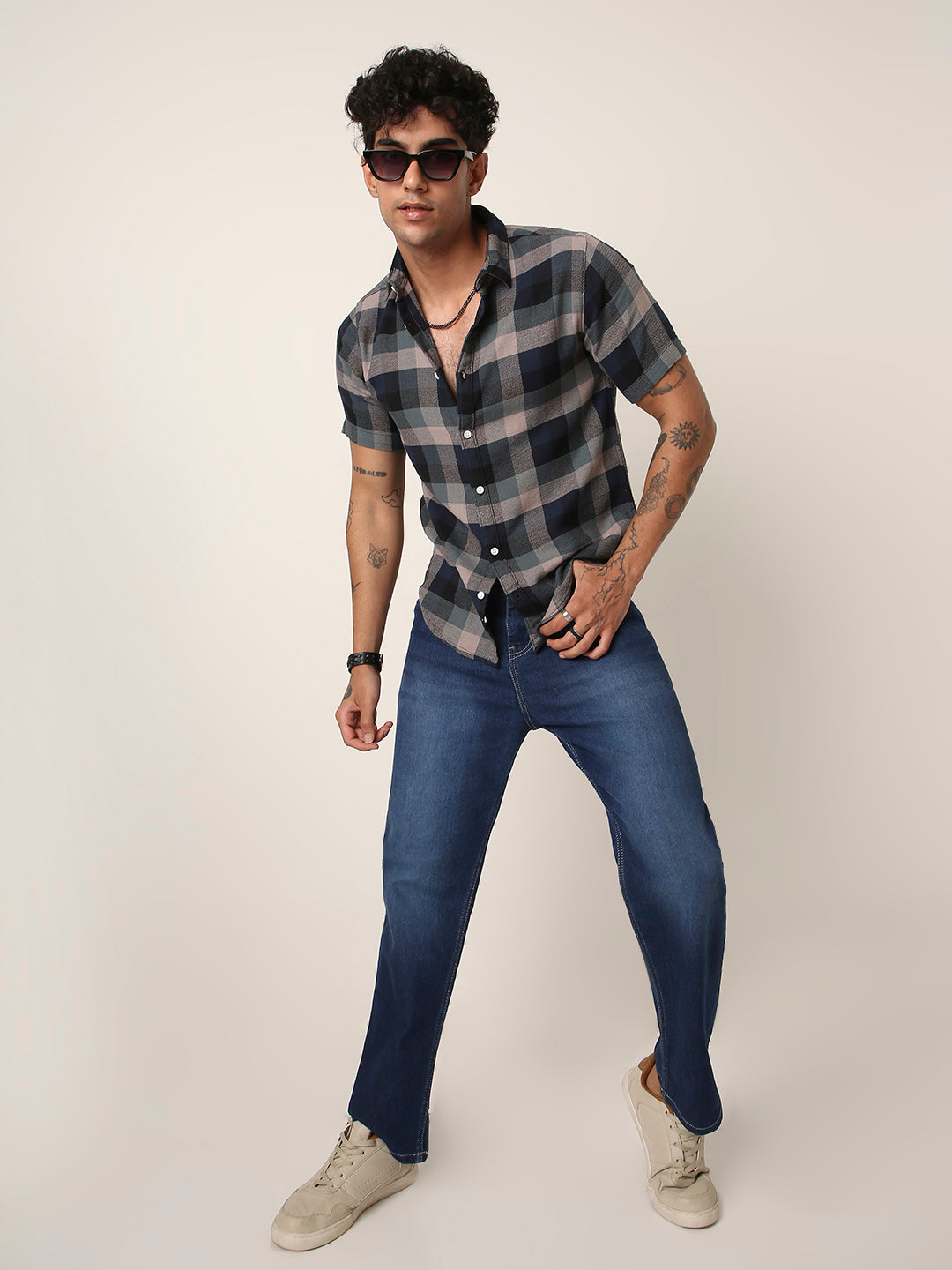 Navy Blue & Grey Checkered Short Sleeve Casual Shirt