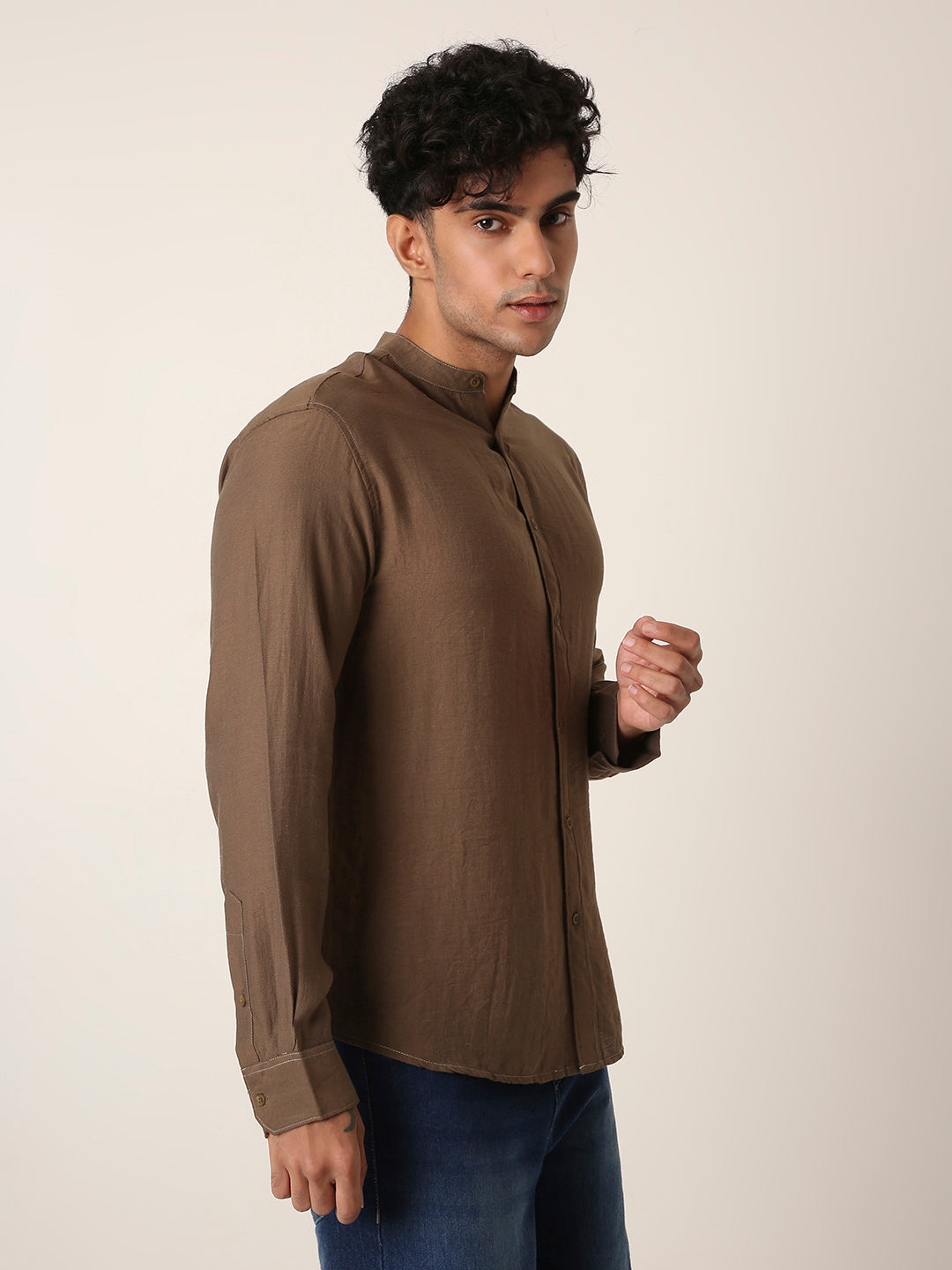 Khaki Mandarin Collar Casual Shirt
