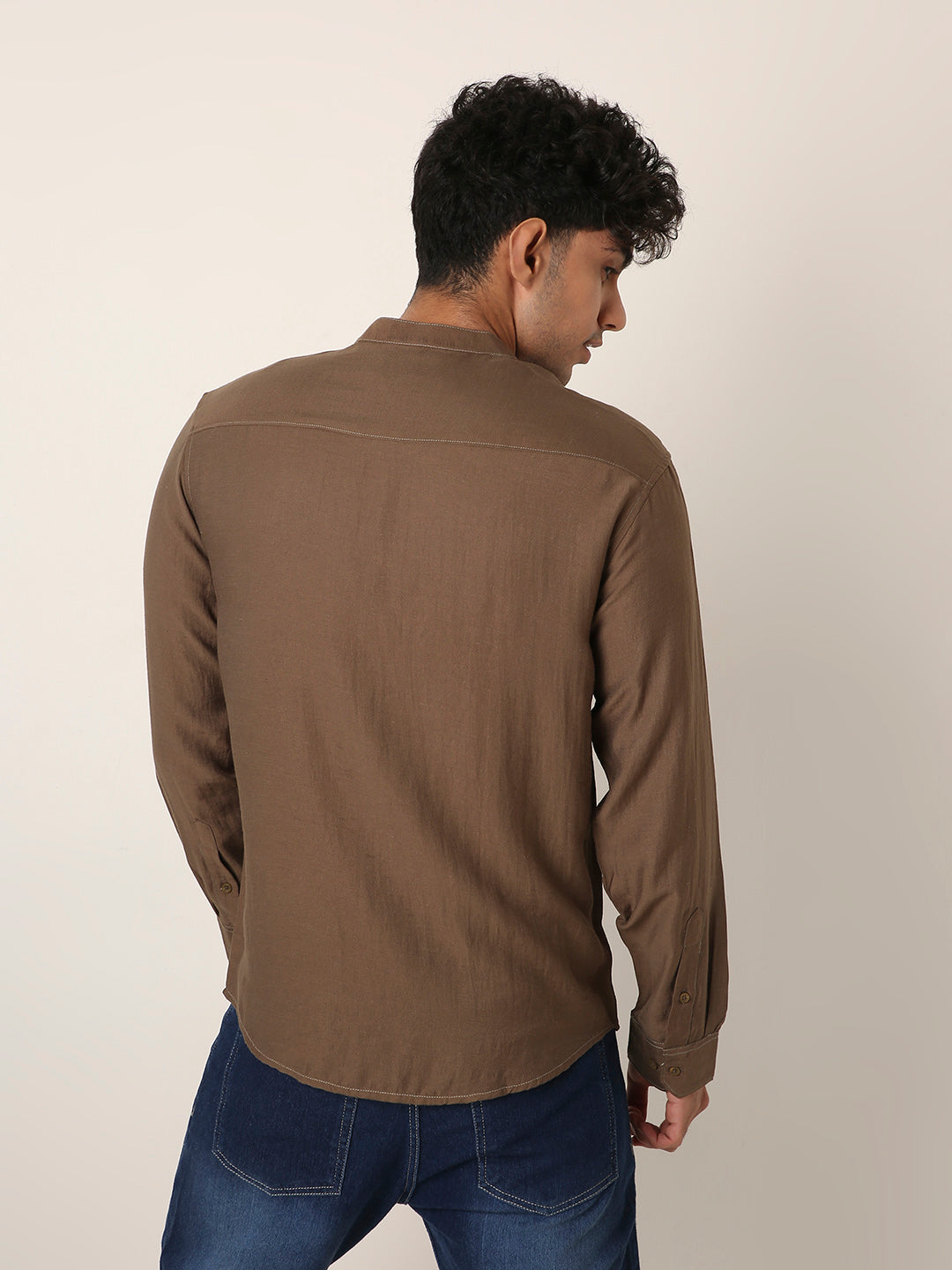 Khaki Mandarin Collar Casual Shirt