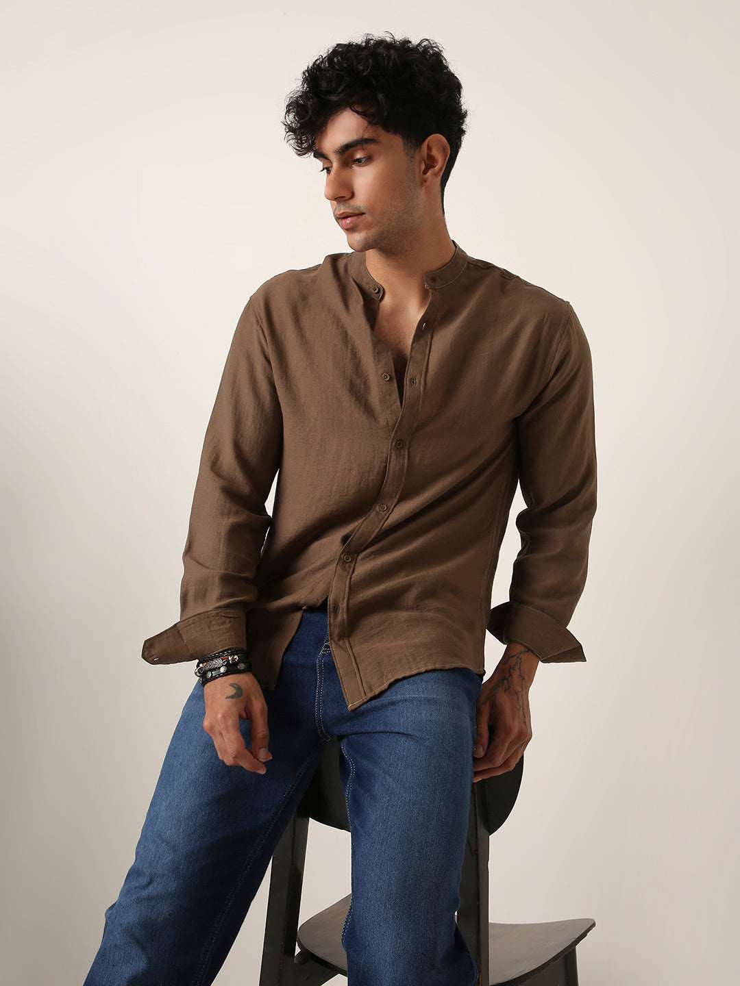 Khaki Mandarin Collar Casual Shirt