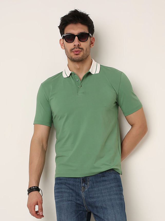 Green Polo T-Shirt with Contrast Collar