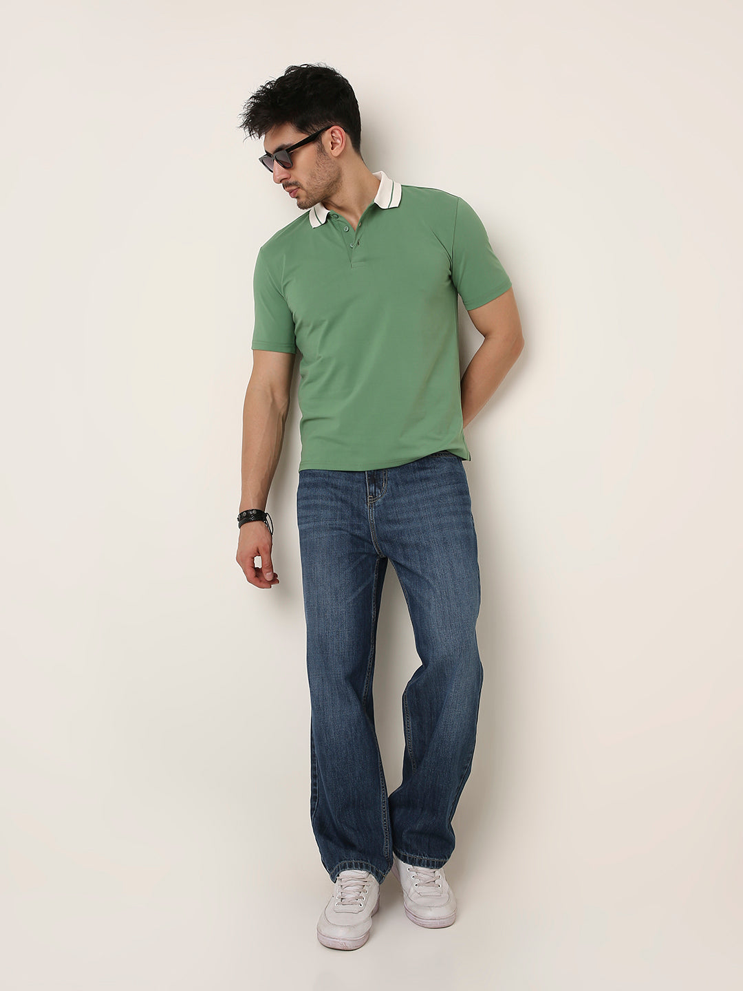 Green Polo T-Shirt with Contrast Collar