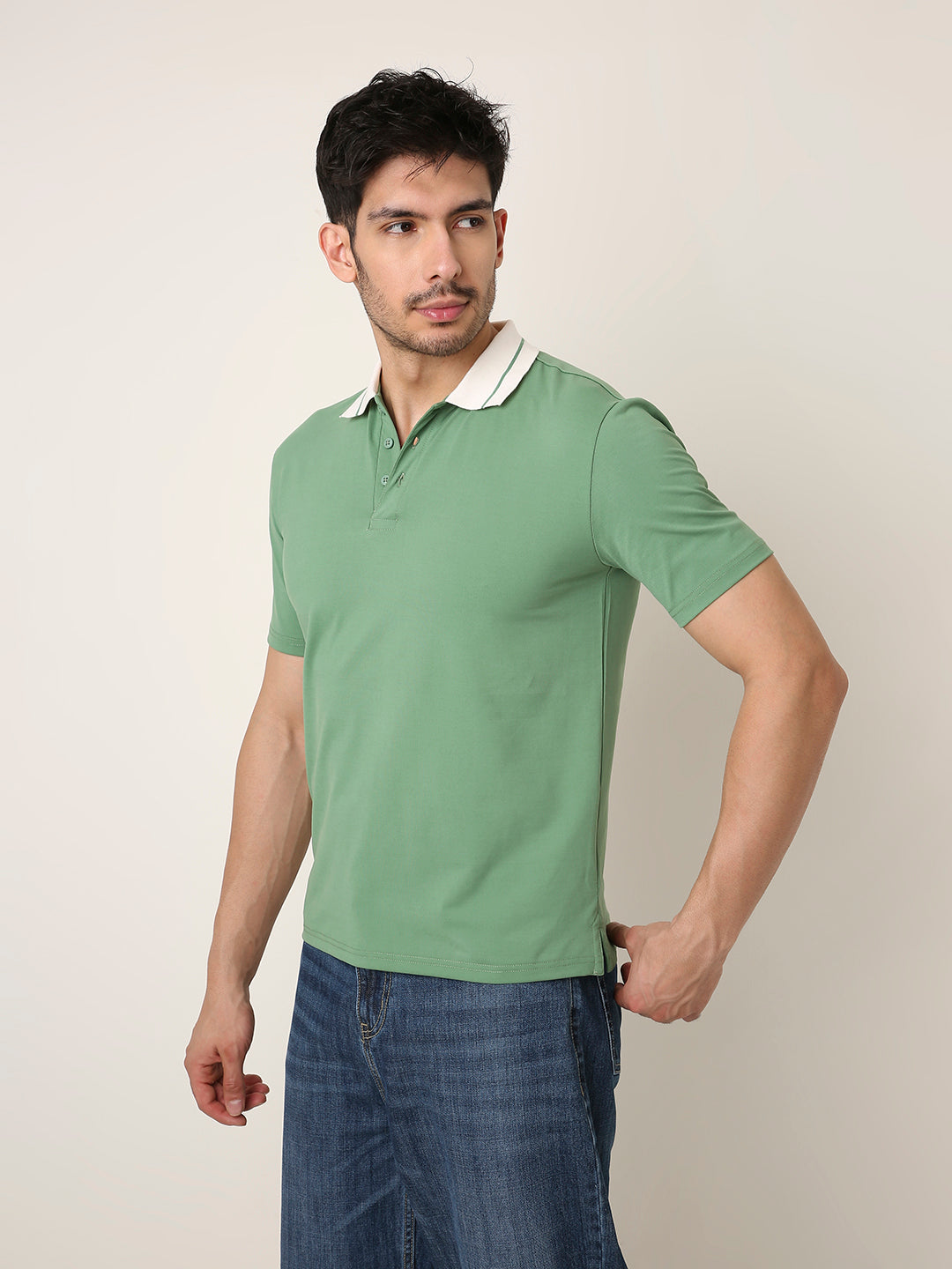 Green Polo T-Shirt with Contrast Collar