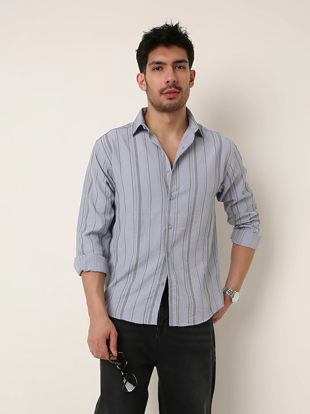 GREY SLEEK STRIPED CASUAL SHIRT