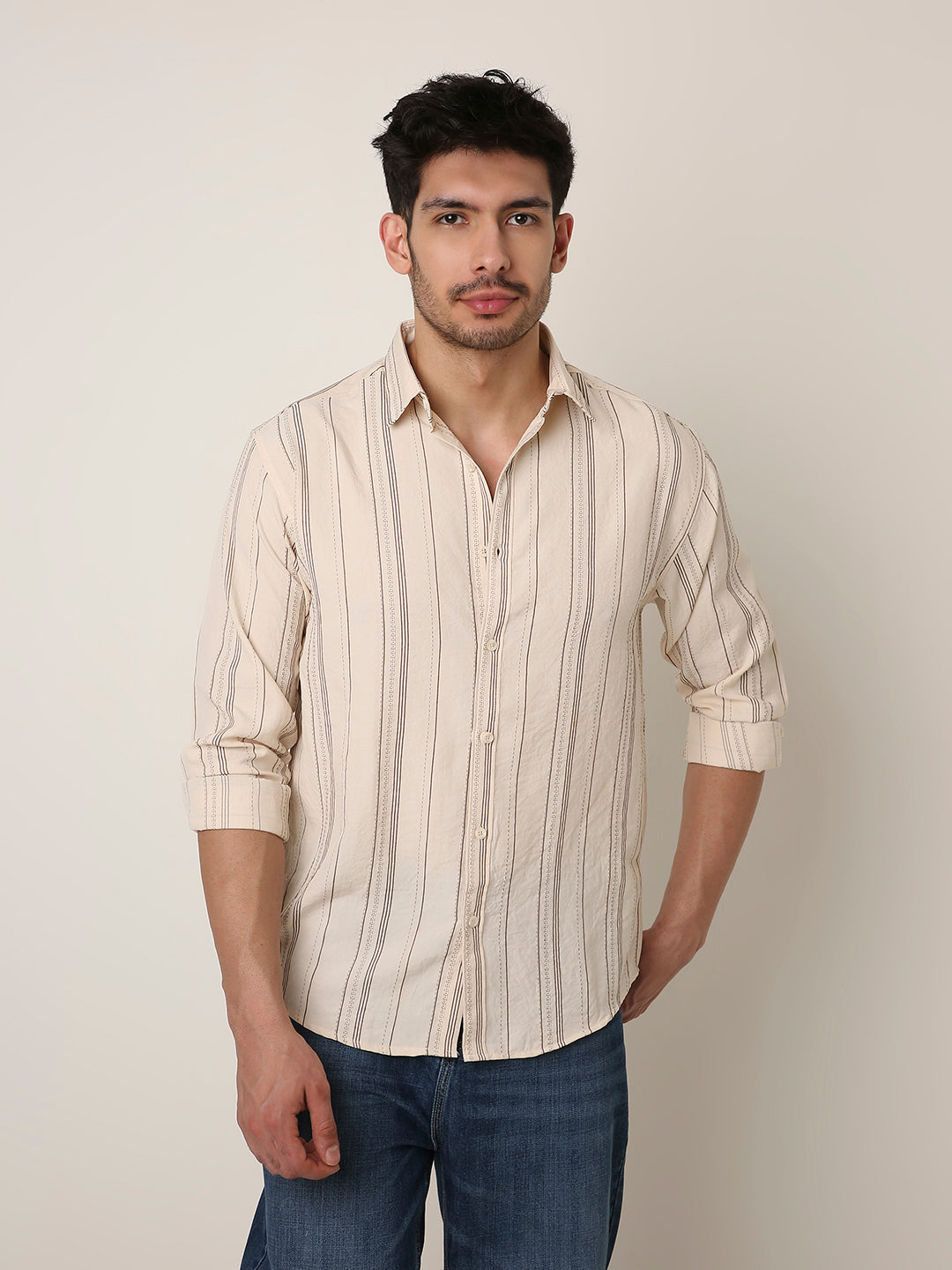 CREAM SLEEK STRIPED CASUAL SHIRT
