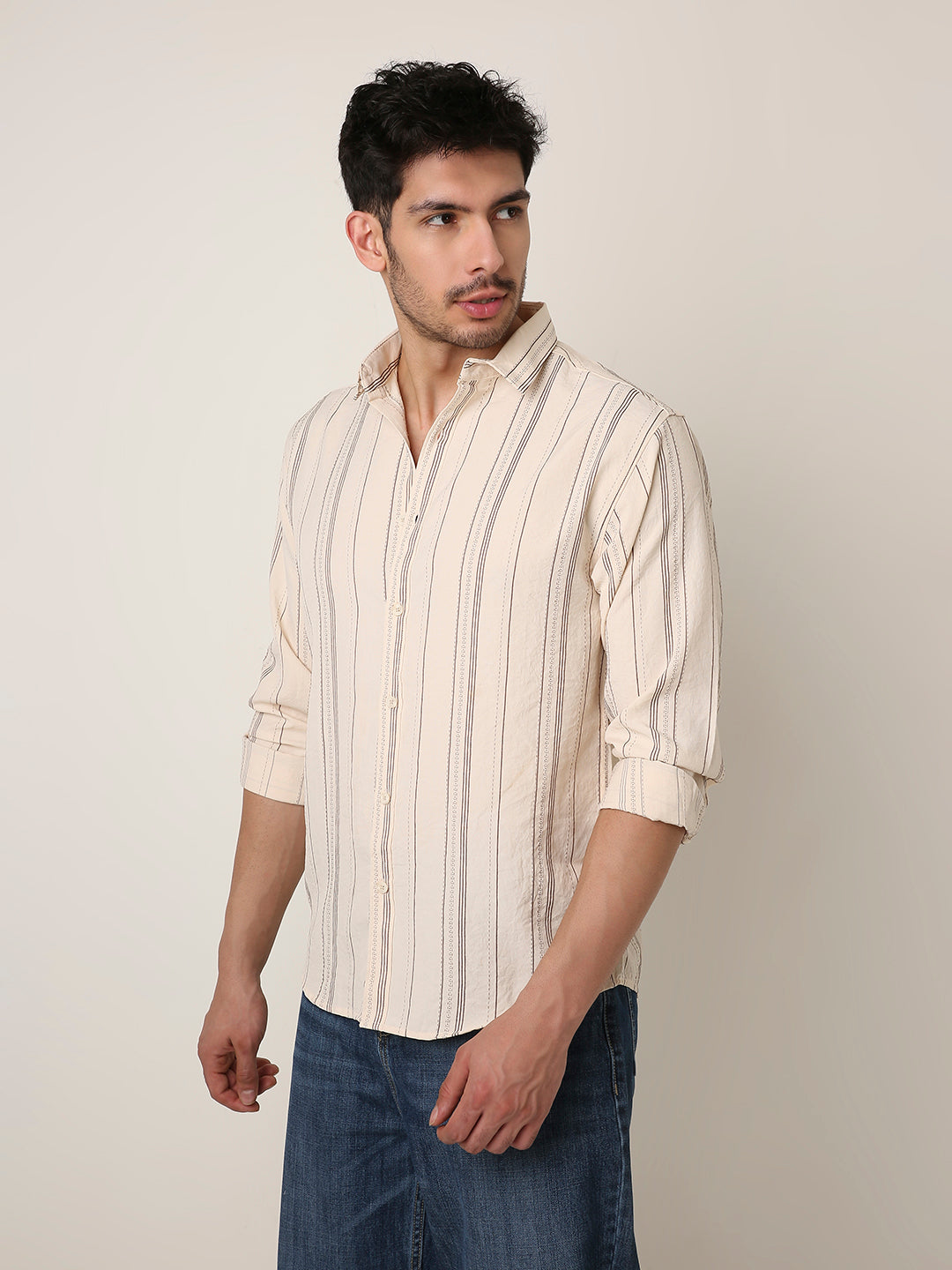CREAM SLEEK STRIPED CASUAL SHIRT