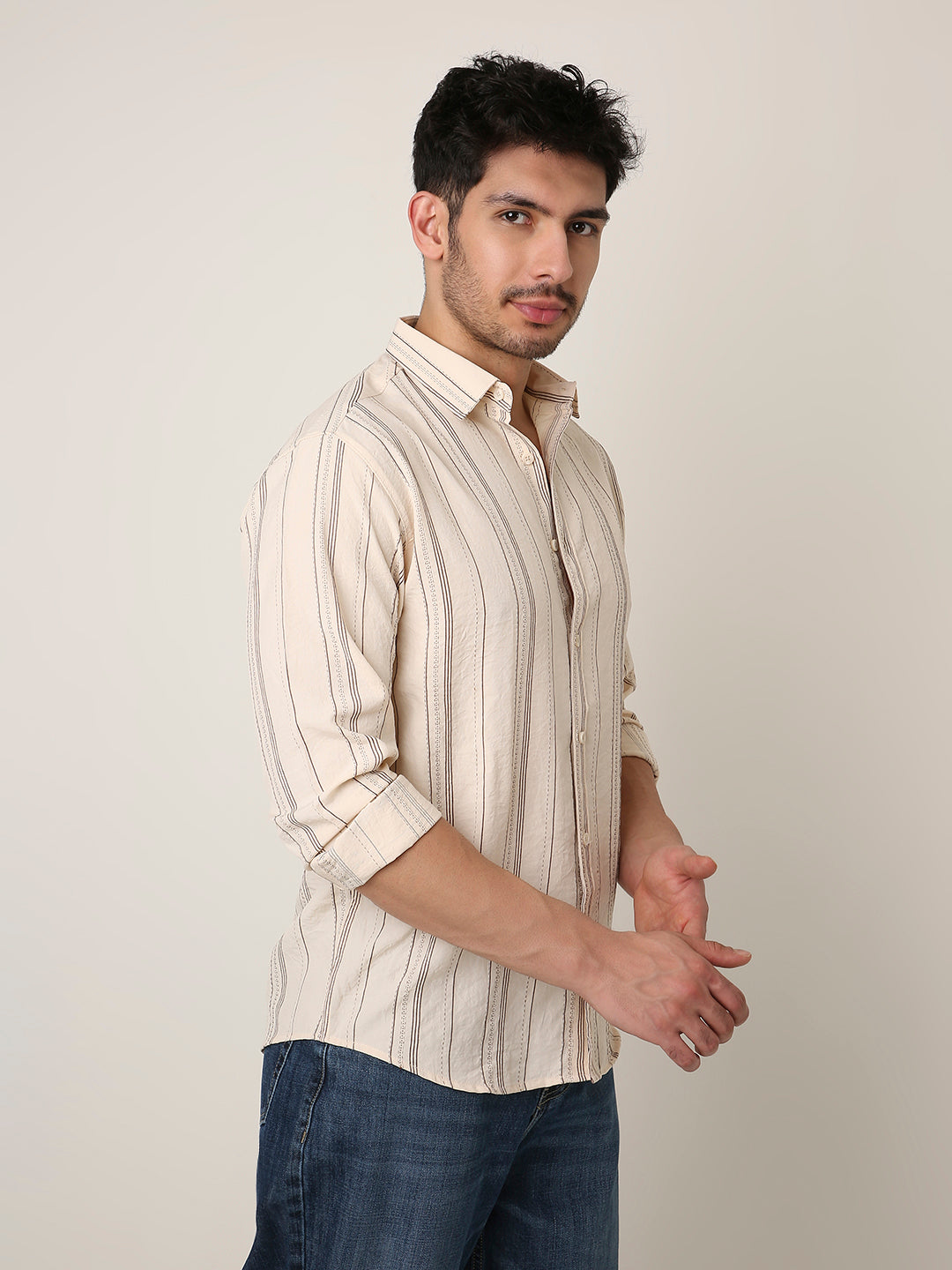 CREAM SLEEK STRIPED CASUAL SHIRT