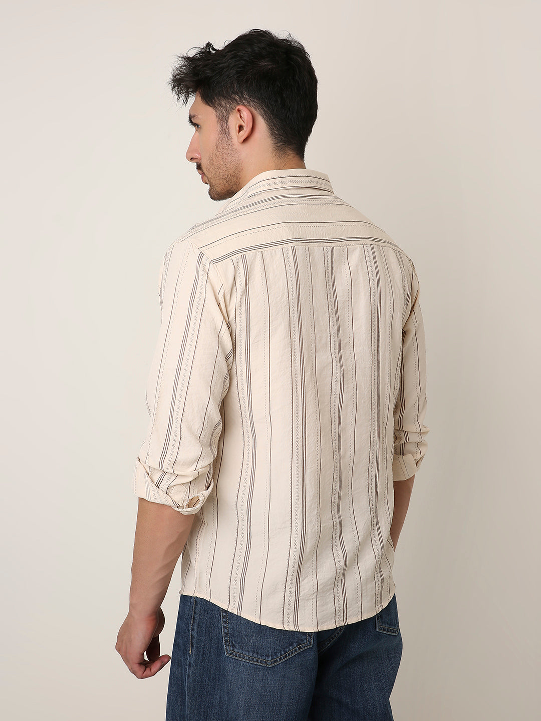 CREAM SLEEK STRIPED CASUAL SHIRT