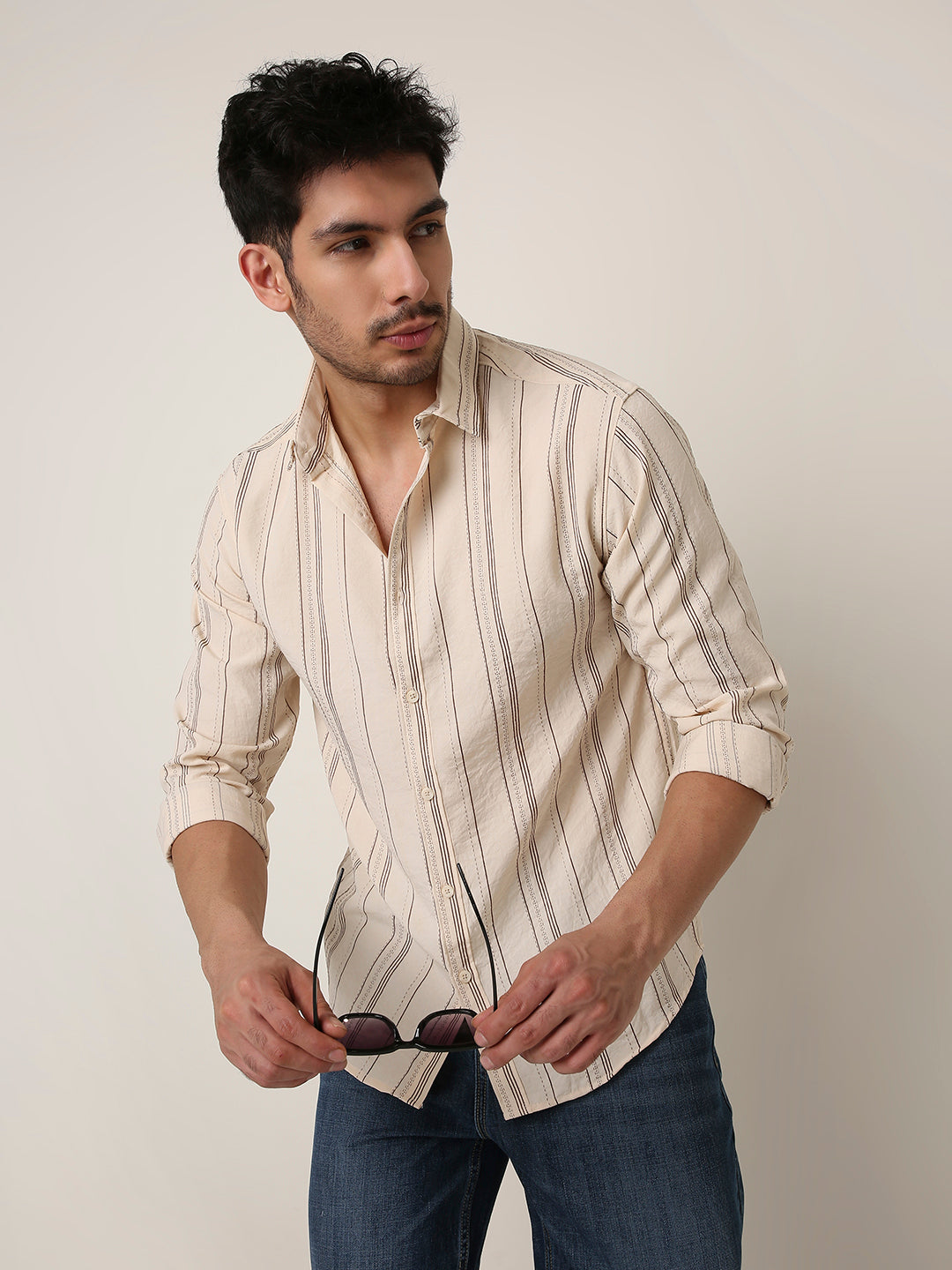CREAM SLEEK STRIPED CASUAL SHIRT