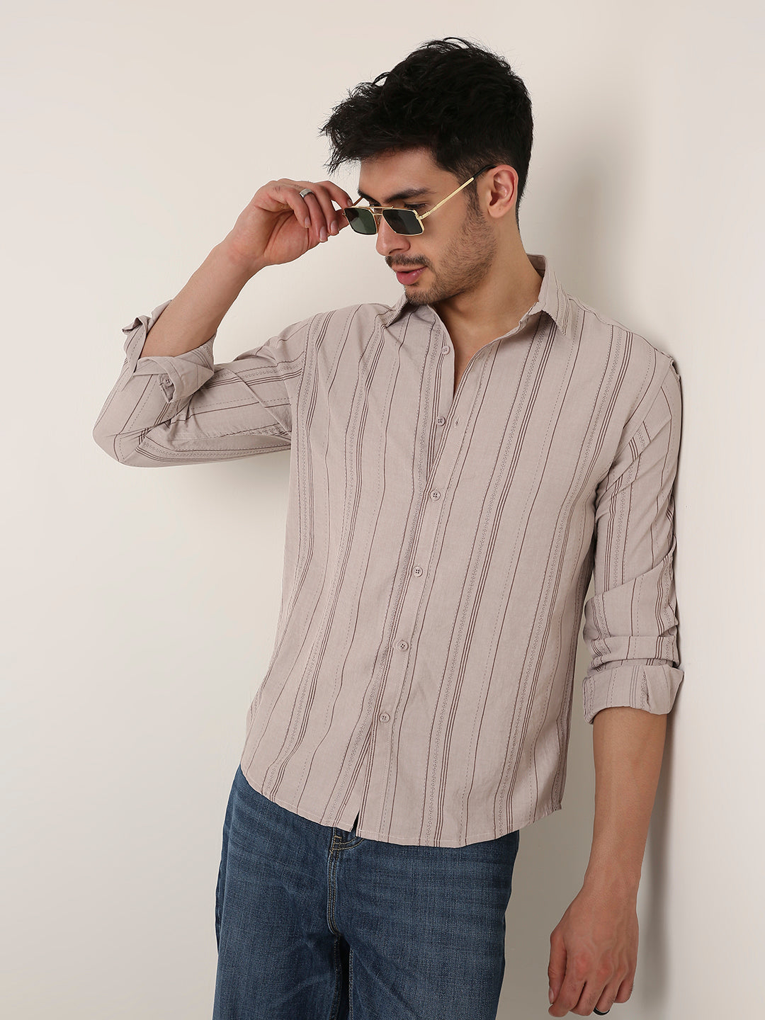 KHAKI SLEEK STRIPED CASUAL SHIRT