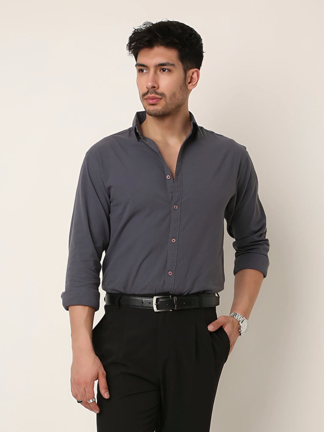 CHARCOAL GRAY SELF STRIPED SHIRT