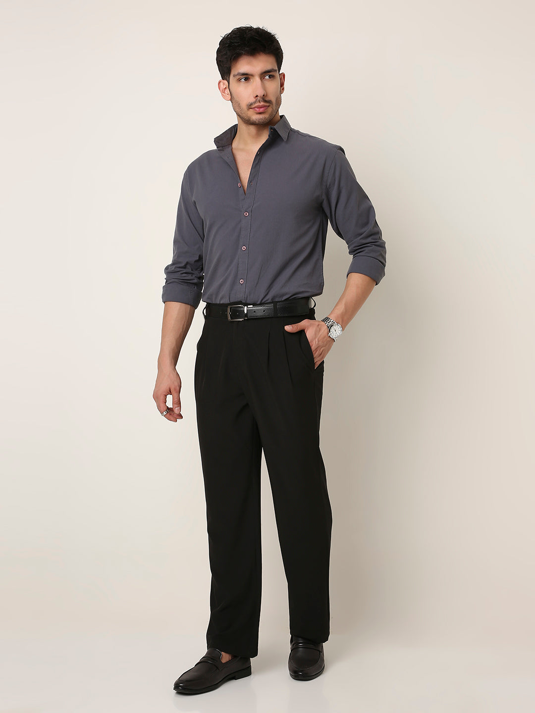 CHARCOAL GRAY SELF STRIPED SHIRT