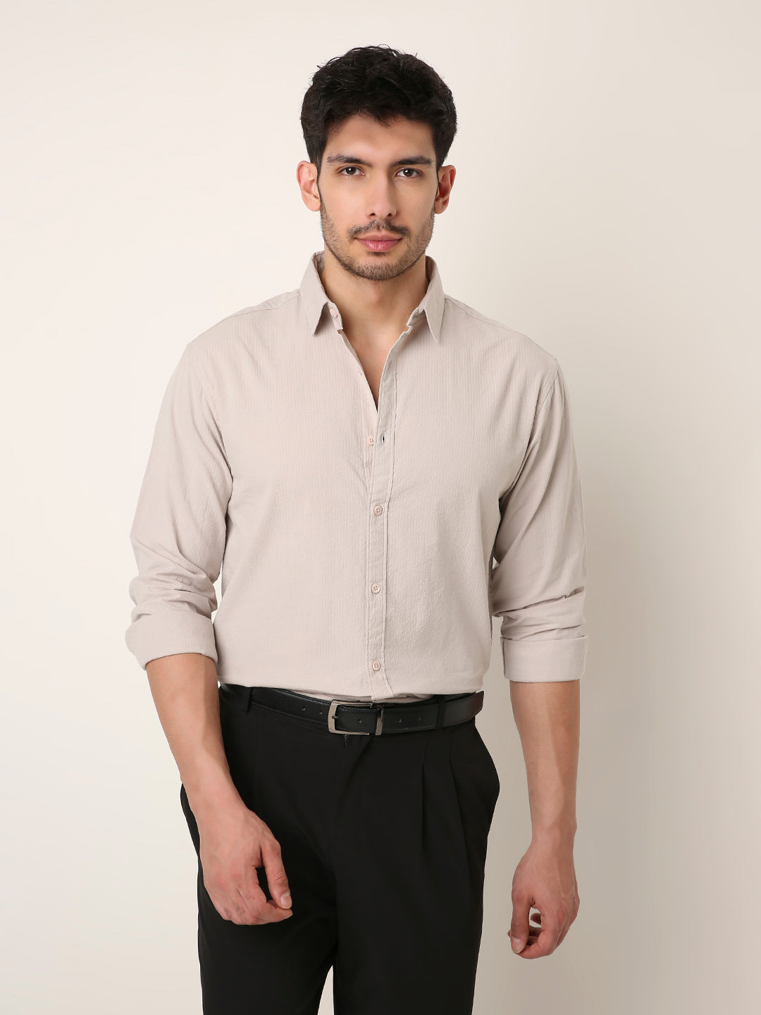 BEIGE SELF STRIPED SHIRT