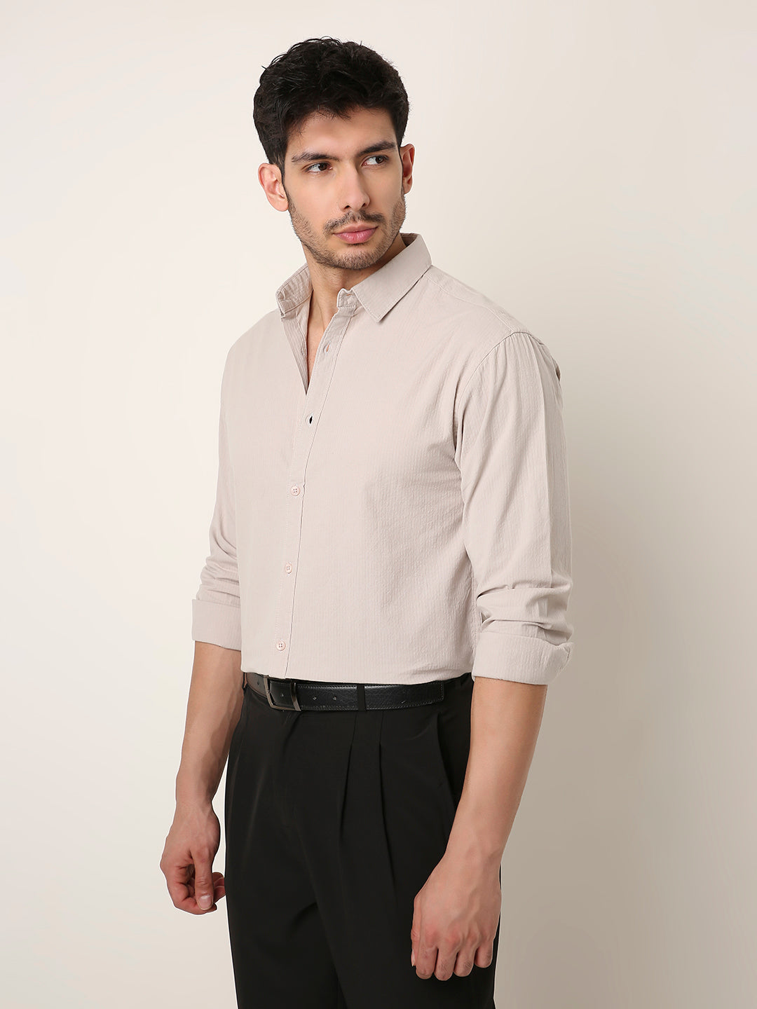 BEIGE SELF STRIPED SHIRT