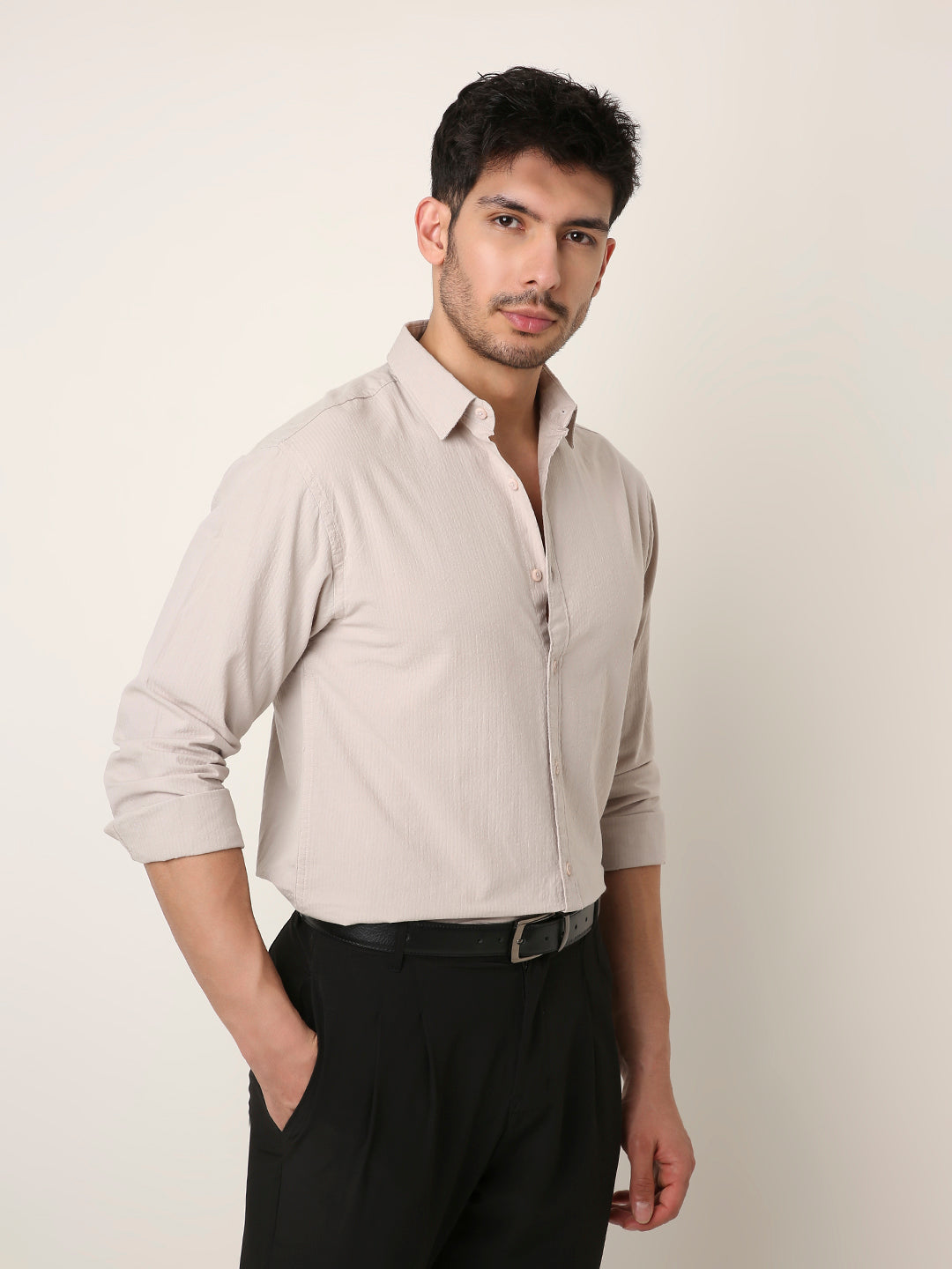 BEIGE SELF STRIPED SHIRT