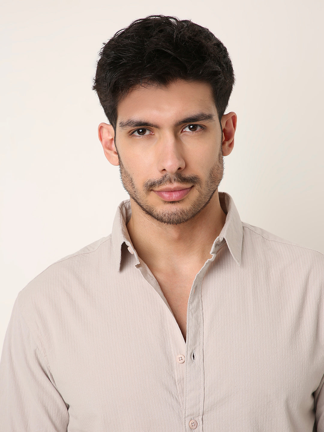 BEIGE SELF STRIPED SHIRT