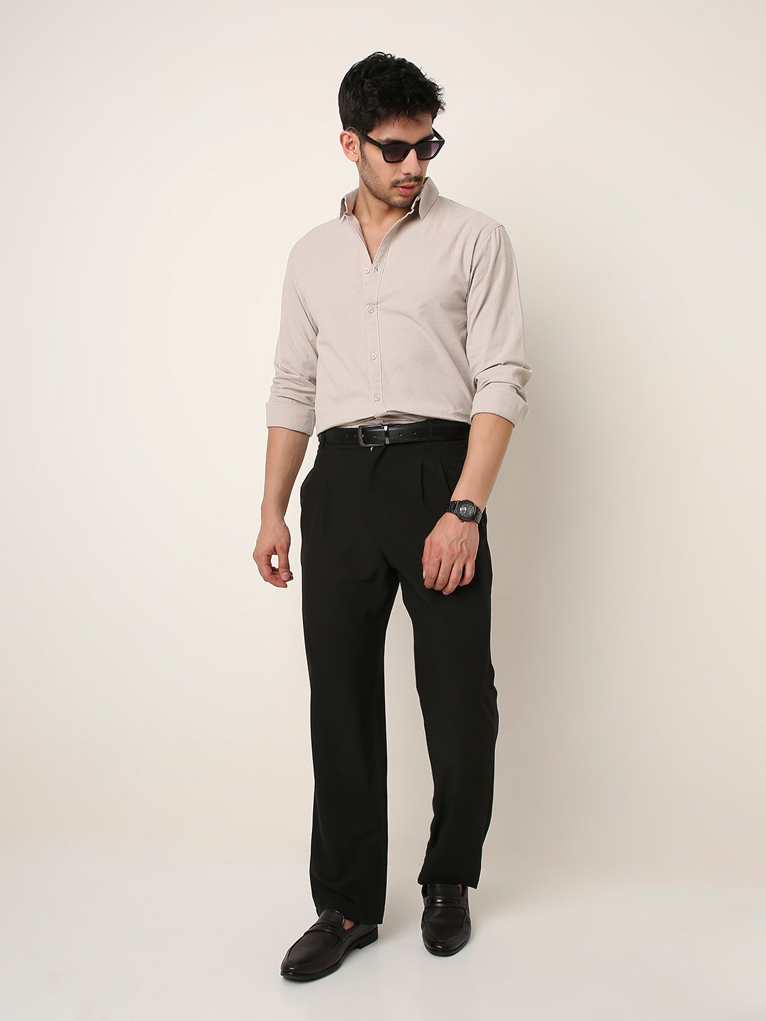 BEIGE SELF STRIPED SHIRT
